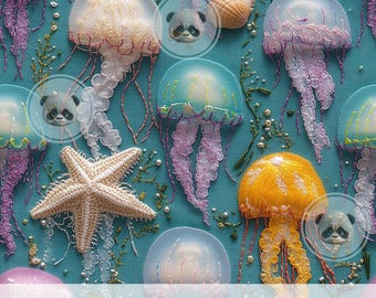 3d Jellyfish Sea Creatures Seamless Pattern, Starfish Faux Embroidery, Repeat Digital File for Summer Fabric Sublimation, Ocean Lover Gift