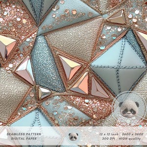 Puede incluir: Un patrón de papel digital sin costuras con formas geométricas en tonos plateado, oro rosa y azul claro. El diseño incluye detalles de purpurina y costuras. El texto dice "SEAMLESS PATTERN DIGITAL PAPER".