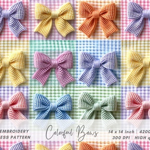 3d Colorful Bow Seamless Fabric, Faux Embroidery Gingham Checkered Pattern Sublimation Design, Printable Digital Paper, Instant Download