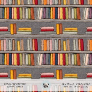 3d Bookshelf Faux Embroidery Seamless Pattern, Bookish Digital Paper, Minimalist Sublimation Design, Reader Scrapbook File, Book Lover Gift