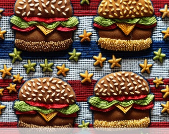 3d 4th of July Hamburgers Seamless Pattern, USA Fast Food Digital Paper for Fabric Sublimation, Faux Embroidery Fake Food, Foodie Background