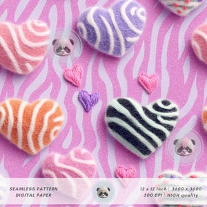May include: A seamless digital paper design featuring various heart shapes in pink, orange, purple, and black with white stripes. The background is a pink zebra print. The image is 12 x 12 inches and high quality.
