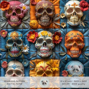 3d Mexican Sugar Skull Seamless Pattern, Day of The Dead, Faux Embroidery Patchwork Background, Floral Digital Paper For Fabric Printing