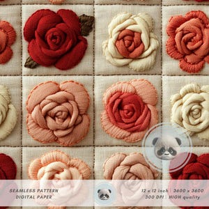 May include: A seamless digital paper pattern featuring embroidered roses in shades of red, peach, and cream. The roses are arranged on a quilted beige background. The text on the image reads "SEAMLESS PATTERN DIGITAL PAPER 12 x 12 inch 3600 x 3600 300 DPI HIGH quality."