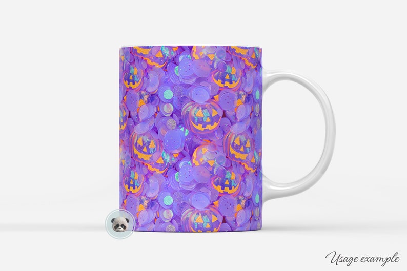 May include: A white ceramic mug with a purple and orange Halloween-themed design. The mug features a repeating pattern of jack-o'-lantern faces.