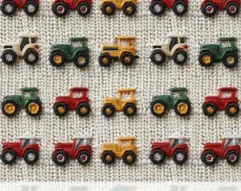 3D Mini Traktor Nahtloser Stoff, Faux-Stickerei-Strickstoff Minimalistisches Design, Transportfahrzeug, Bauernhofleben Digitales Papier, Bauer-Baby-Geschenk