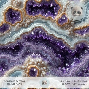 May include: A seamless digital paper design with an amethyst geode pattern. The image displays purple crystal formations, white, and gold details. The text reads "SEAMLESS PATTERN DIGITAL PAPER" and the dimensions are 30.48 x 30.48 cm.