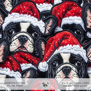 3D Weihnachten Französische Bulldogge in der Weihnachtsmütze Nahtloses Muster, Frenchie Digitales Papier, niedlicher Tierdruck, Haustierliebhaber Sublimation, Hund Papa Geschenk