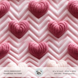 Könnte beinhalten: Ein nahtloses Muster mit rosa und weißen Herzen in einem Zickzack-Design. Die Herzen sind texturiert, um wie gestricktes Gewebe auszusehen. Das Muster ist 35,5 cm x 35,5 cm groß und hat 300 DPI.