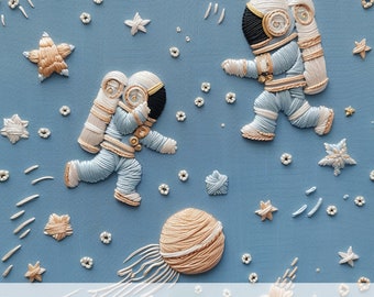3d Astronaut Faux Embroidery Seamless Pattern, Outer Space Digital Paper, Birthday Boy Crafts DIY, Galaxy Scrapbooking, Cosmic Themed Design