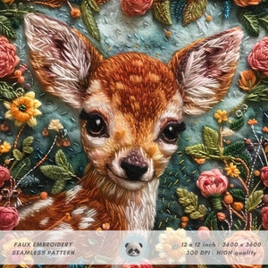 May include: A faux embroidery seamless pattern featuring a close-up of a fawn's face surrounded by colorful flowers. The fawn has brown fur with white spots and large, dark eyes. The flowers are a mix of pink, yellow, and orange.