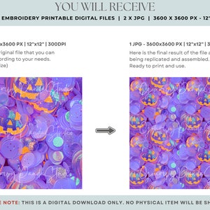 May include: A digital download of two 3600 x 3600 pixel JPG files featuring a purple and orange Halloween themed pattern of jack-o-lantern faces. The files are 12 inches by 12 inches and 300 DPI.