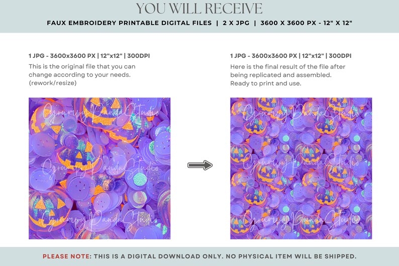 May include: A digital download of two 3600 x 3600 pixel JPG files featuring a purple and orange Halloween themed pattern of jack-o-lantern faces. The files are 12 inches by 12 inches and 300 DPI.