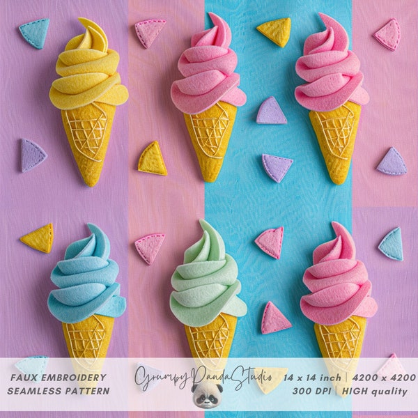 3d Felt Ice Cream Seamless Pattern, Faux Embroidery Felt Sweets Fabric Design, Printable Digital Paper, Fake Cute Food, Tasty Dessert Gift