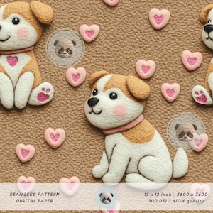 May include: Seamless digital paper featuring a repeating pattern of cartoon puppies with brown and white fur, pink cheeks, and glittery pink hearts. The background is a textured tan color. The image is 12 x 12 inches.