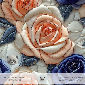 Könnte beinhalten: Ein nahtloses digitales Papiermuster mit detaillierten gestickten Rosen in Pfirsich-, Creme- und Marineblautönen. Das Design enthält den Text "SEAMLESS PATTERN DIGITAL PAPER" und die Abmessungen "12 x 12 Zoll" mit einer Auflösung von "3600 x 3600" und "300 DPI HIGH quality".