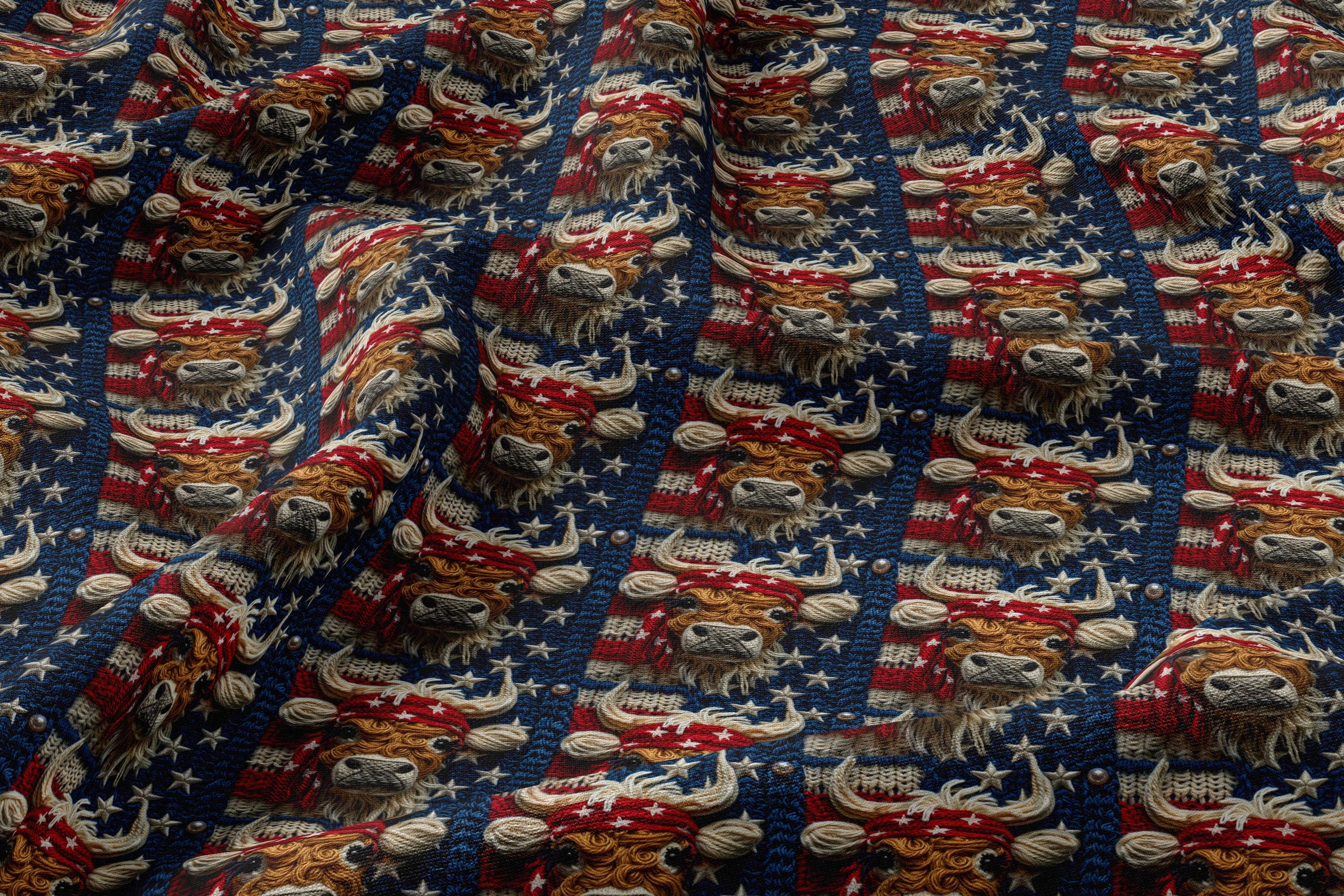 3d 4th of July American Highland Cow Seamless Pattern, Faux