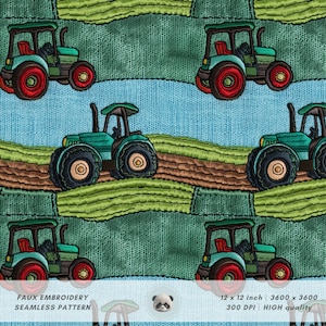 May include: A seamless pattern featuring a green tractor with red wheels on a blue and green background. The tractor is embroidered with a faux stitch effect. The pattern is 12 inches by 12 inches and 3600 pixels by 3600 pixels.