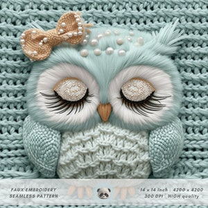 3D-mintgroene uil naadloze stof, nepborduurwerk gebreid patroon sublimatieontwerp, parels en strik, vogelliefhebbers cadeau, Instant Download
