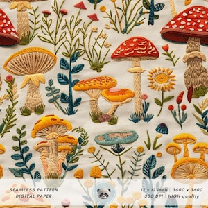 Op de afbeelding: Een naadloos patroon digitaal papier met een grillig ontwerp van geborduurde paddenstoelen en bloemen in verschillende kleuren, waaronder rood, geel, groen en blauw. Het patroon is perfect voor knutselprojecten, scrapbooking en digitaal ontwerp.