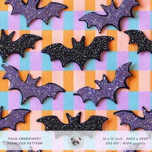 May include: A seamless pattern featuring black bats with purple glitter on a colorful checkered background. The pattern is 12 inches by 12 inches and 3600 pixels by 3600 pixels.  The pattern is 300 DPI and high quality.