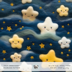 3d Cute Felt Star Seamless Pattern, Faux Embroidery Wool Felted Fabric Design, Starry Night Print, Gold Stars, Nursery Digital Paper