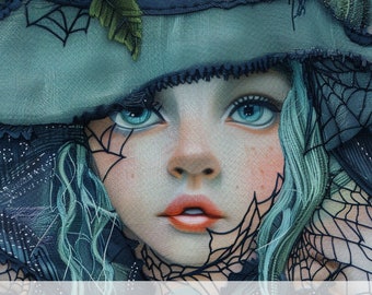 3d Halloween Witch Faux Embroidery Seamless Pattern, Emerald Green Cute Spooky Girl, Fall Spider Web, Tumbler Wrap Design, Witchy Art Fabric