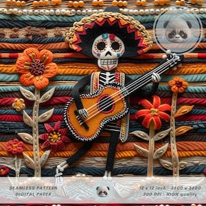 Esqueleto mariachi mexicano 3D com padrão de guitarra sem costura, fundo listrado de malha com bordado falso, papel digital para impressão em tecido