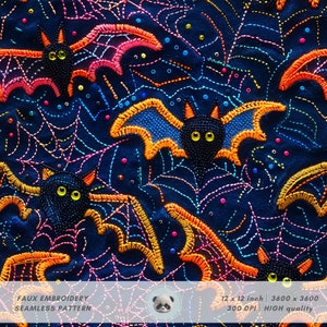 May include: A seamless pattern featuring black bats with yellow eyes and orange, blue, and pink embroidered wings on a dark blue background. The bats are flying over a web pattern.