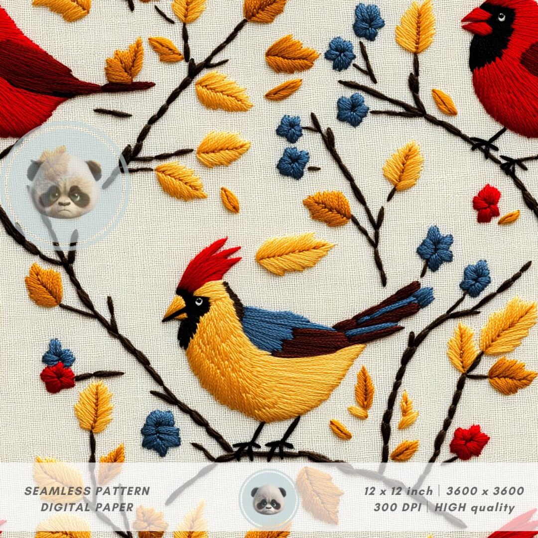 Cardinal Texture 3d Folk Art Cardinal Bird Seamless Pattern, Embroidered Texture Autumn ...