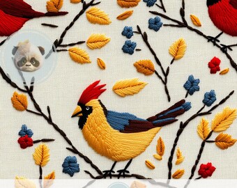 3d Folk Art Cardinal Bird Seamless Pattern, Embroidered Texture Autumn Digital Paper for Cottagecore Decor, Nature Junk Journal & Scrapbook
