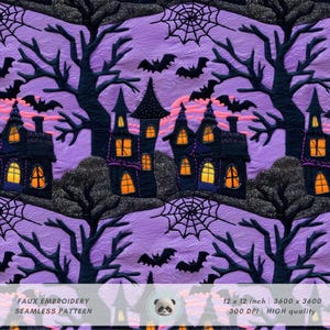 May include: A seamless pattern featuring a purple background with black silhouettes of spooky houses, trees, bats, and spiderwebs. The houses have glowing windows and the trees have bare branches. The pattern is perfect for Halloween crafts and projects.