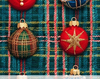 3d Christmas Ornament Plaid Seamless Pattern, Glitter Xmas Baubles and Pearls, Checkered Digital Paper, Tartan Textured DIY Winter Decor