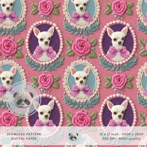 May include: A seamless digital paper pattern featuring embroidered portraits of white Chihuahuas wearing pink bow ties, framed in ornate ovals, and surrounded by pink roses on a pink background. The pattern is 12 x 12 inches.
