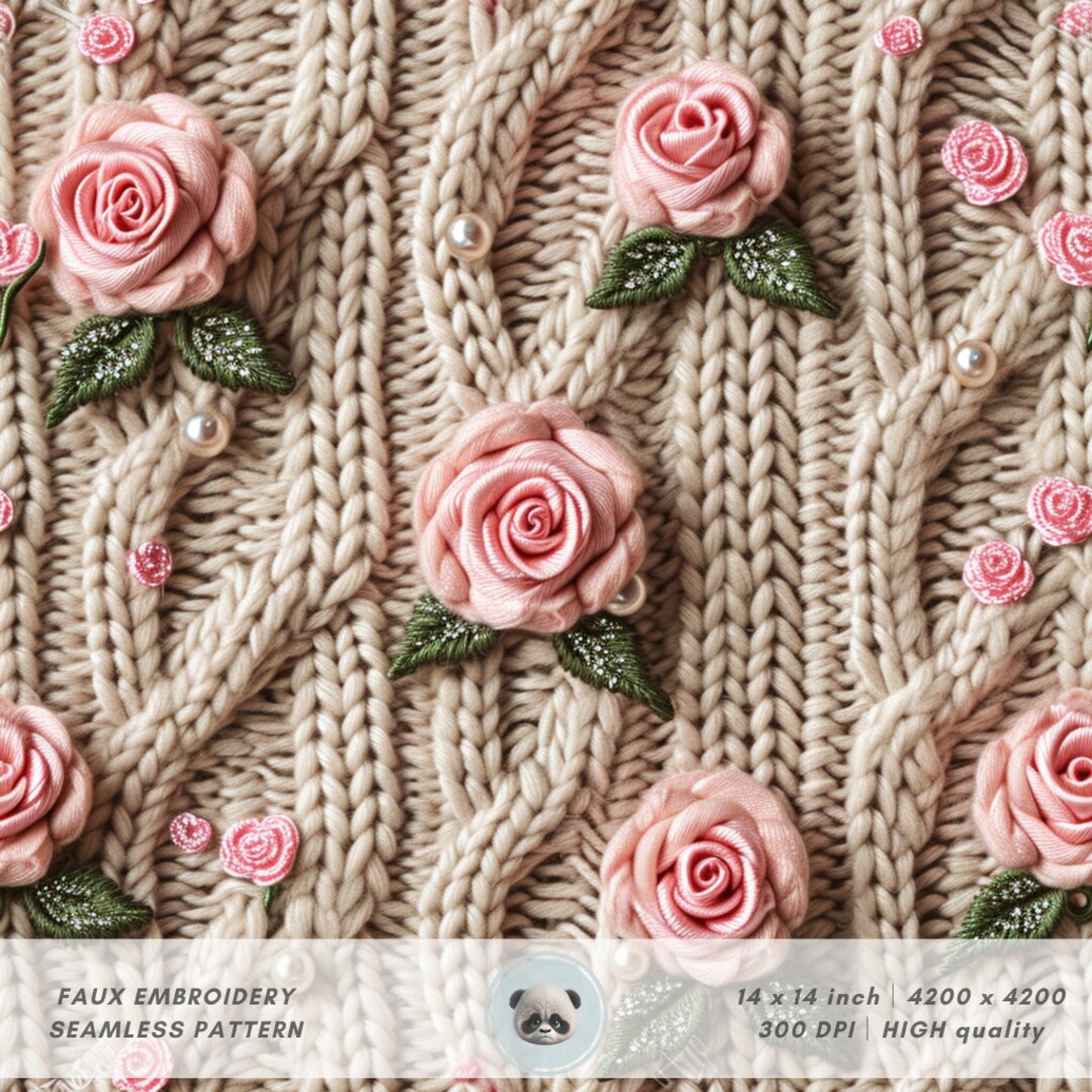 Knitting Roses 3d Knitted Vintage Pink Roses Seamless Pattern, Faux Embroidery Flowers ...