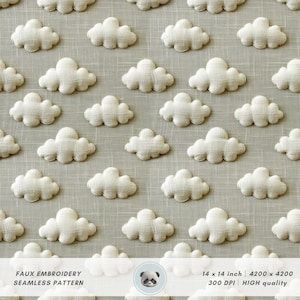 May include: A seamless pattern featuring a repeating design of white clouds on a beige background. The clouds are embroidered with a raised texture, giving the pattern a 3D effect. The pattern is 14 inches by 14 inches and is 300 DPI.