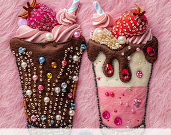 3d Felt Milkshake Seamless Pattern, Faux Embroidery Knit Felt Fabric Design, Pink Furry Background, Sparkle Gemstone, Cold Ice Drink Print