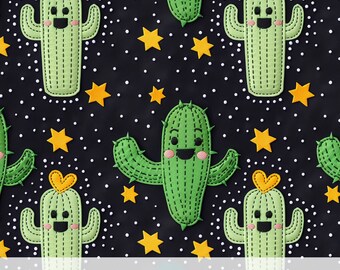3d Cute Cactus Seamless Pattern, Starry Night Cacti, Faux Embroidery Fabric Sublimation, Nursery Digital Paper, Kids Scrapbook Craft Print