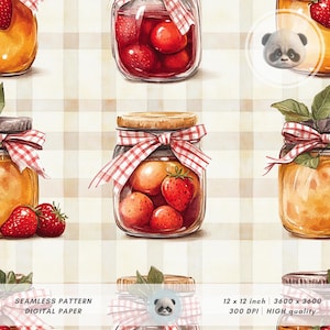 Cottagecore Strawberry Jam Jar Seamless Pattern, Farmhouse Kitchen Watercolor Fruit Jar Design For Cozy Autumn Crafts, Scrapbook, Journal