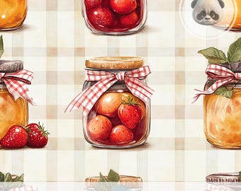 Cottagecore Strawberry Jam Jar Seamless Pattern, Farmhouse Kitchen Watercolor Fruit Jar Design For Cozy Autumn Crafts, Scrapbook, Journal
