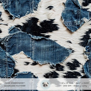 3d Cow Fur on Denim Seamless Pattern, Black and White Patches Faux Embroidery for Fabric Sublimation, Fake Animal Skin, Digital Paper