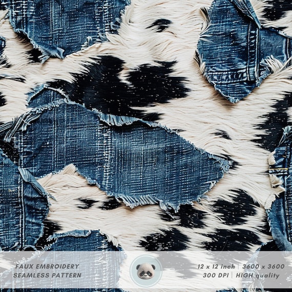 3d Cow Fur on Denim Seamless Pattern, Black and White Patches Faux