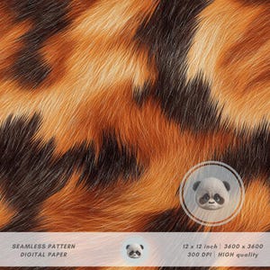 May include: Seamless digital paper with a pattern resembling animal fur. The design features a blend of orange, brown, and black hues, creating a textured appearance. The image includes the text "SEAMLESS PATTERN DIGITAL PAPER" and "12 x 12 inch | 3600 x 3600 | 300 DPI HIGH quality".