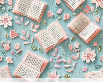 3d Pink Floral Bookish Print Seamless Pattern, Romantic Flowers Fabric Sublimation Design, DIY Book Nook Decor, Book Lover Gift, Pastel File