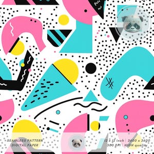 Retro 90s Memphis Seamless Pattern, Abstract Geometric Digital Paper, Pop Art Background for DIY Party Decor, Nostalgic Fabric & Scrapbook