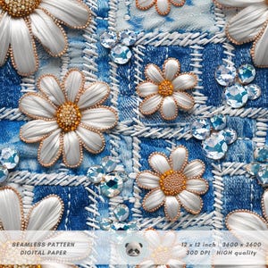 3D-ädelstenar, prästkrage, lapptäcke, denimtyg, sömlöst mönster med blommor, rutigt klippbokspapper för smycken, present till botaniska älskare