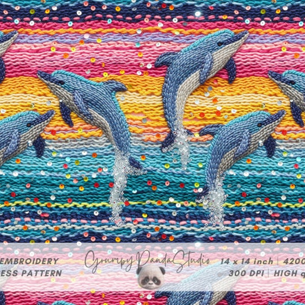 Tissu 3D sans couture famille dauphins, fausses paillettes scintillantes, motif tricoté fausse broderie, couleurs d'Hawaï, papier numérique, téléchargement immédiat