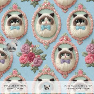 May include: Seamless digital paper pattern featuring Ragdoll cat portraits in ornate pink frames with bow ties, surrounded by embroidered roses on a light blue background. The pattern is 12 x 12 inches.