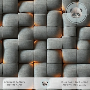 May include: A seamless digital paper pattern featuring a repeating design of gray, textured, square blocks. The blocks have a 3D effect with warm, orange lighting in the crevices. The image is 12 x 12 inches and high quality.
