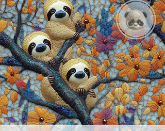 3d Cute Sloth Floral Mosaic Seamless Digital Paper, Whimsical Repeating Pattern for Boho Nursery, Animal Junk Journal, Colorful Scrapbook